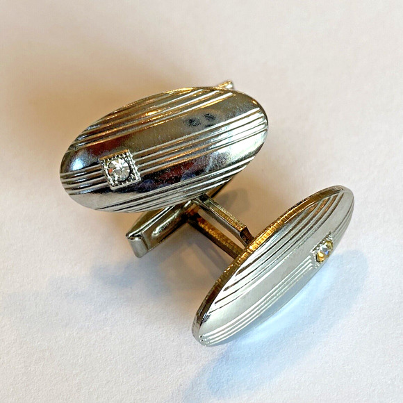 Vintage Mid Century Cufflinks Atomic Age Jewelry Silvertone & White Rhinestone - Picture 3 of 7